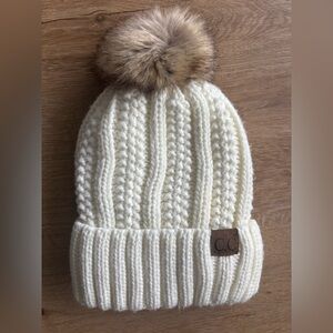 C.C Women's Exclusive Knitted Fuzzy Lining Knitted Hat Beanie with Pom Pom